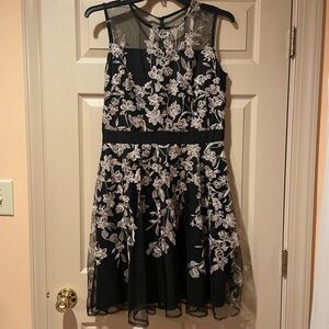 J. Taylor Elegant Floral Sheer‎ “Lace” Overlay Dress - Black and Gold, Size 12
